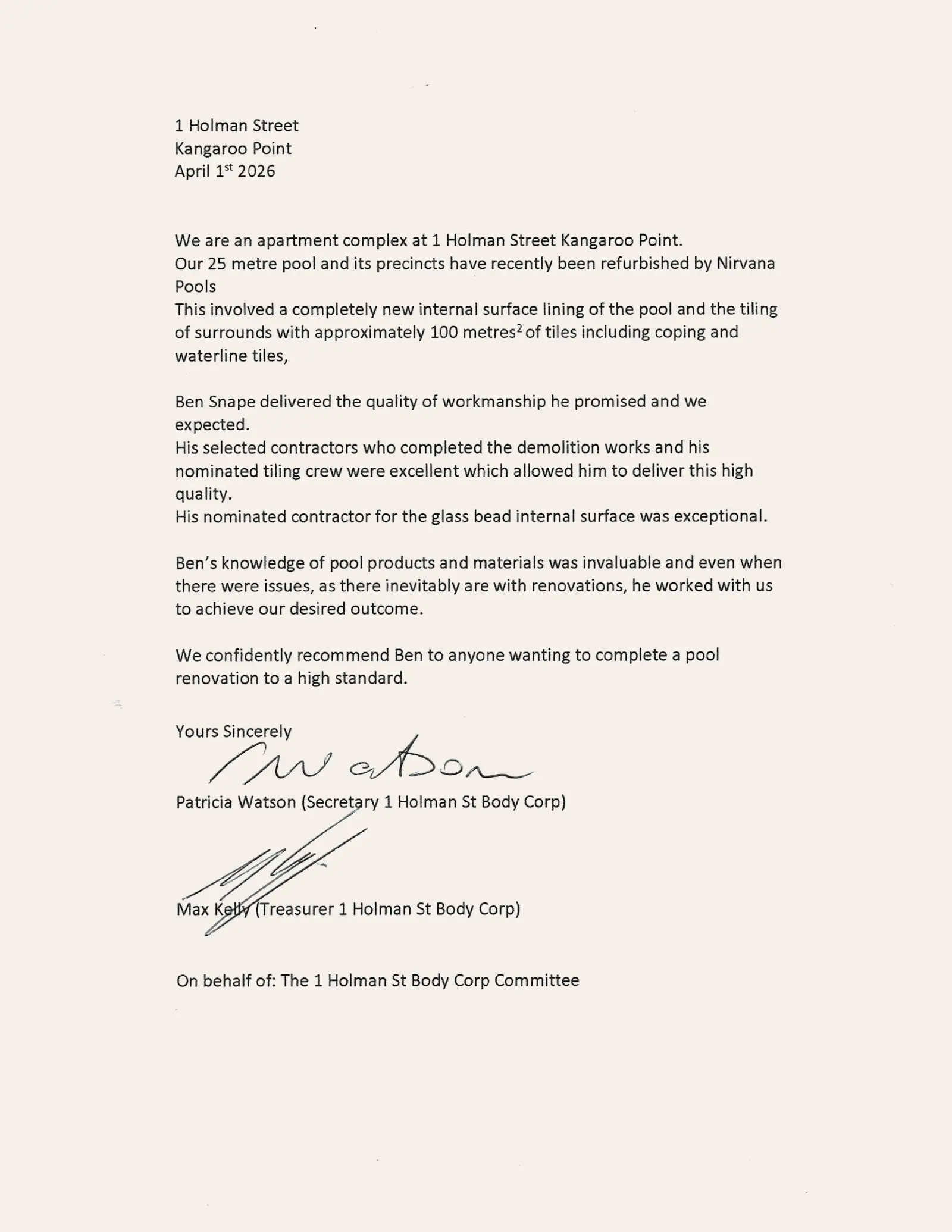 Testimonial letter from 1 Holman Street Kangaroo Point Body Corporate